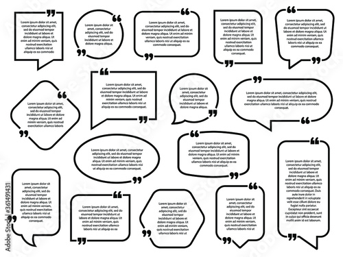 Quote frames. Speech bubbles with quote marks. Blank template with print information design quotes. Vector illustration.