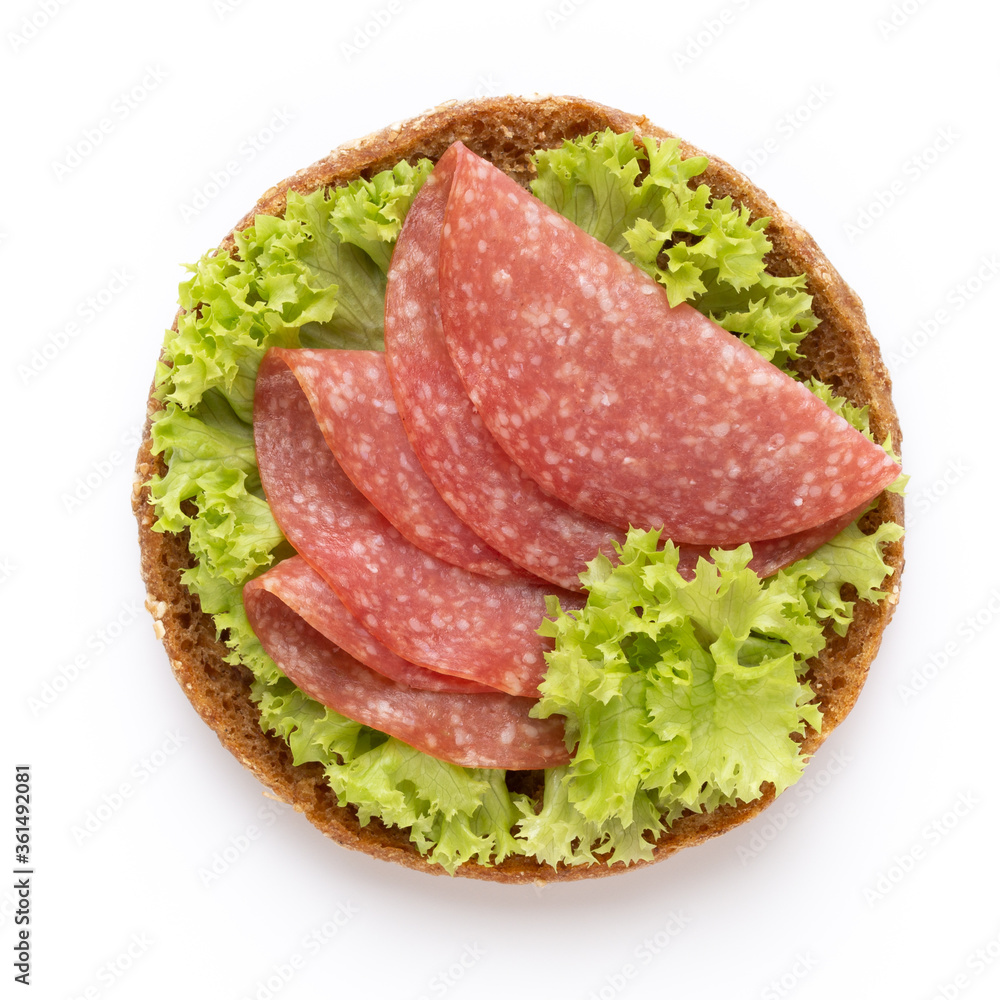 Sandwich with salami sausage on white background. Sandwich with salami sausage on white background.