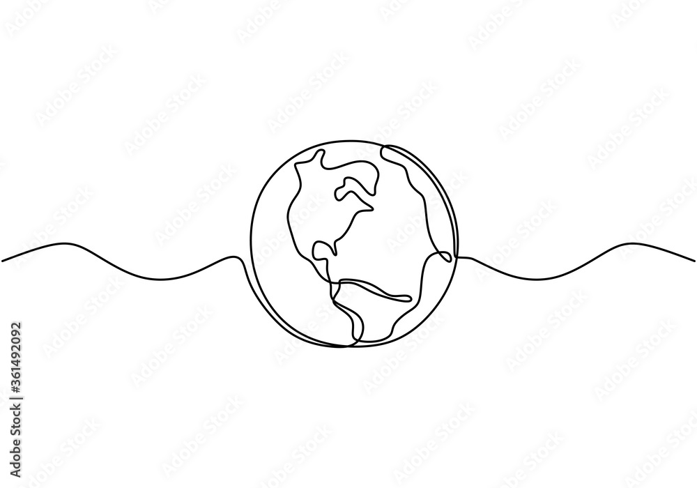 Naklejka Earth globe one line drawing of world map vector illustration minimalist design of minimalism isolated on white background. Planet of Earth hand drawn illustration for logo, emblem and design poster