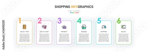 Concept of shopping process with 6 successive steps. Six colorful graphic elements. Timeline design for brochure, presentation, web site. Infographic design layout.
