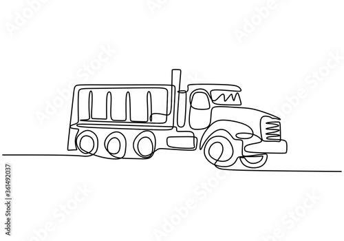 One single line drawing of big mining dump truck to load coal and mining products. Heavy transportation vehicle concept. Modern continuous line art isolated on white background. Vector illustration