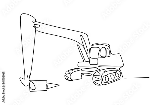 Continuous line art or one line drawing of construction backhoe vehicle. Heavy construction machinery concept. Excavator work isolated on white background. Vector design illustration