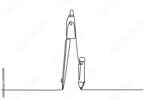 One continuous line art of compass stationery tool drawn with single line. Can be used to make circles on paper. Hand drawn minimalistic design for simple logo, icon or emblem.Vector illustration