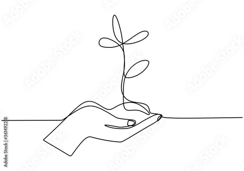 Hand holding plant's pot. Continuous one line drawing of back to nature theme. Growing plant in hand palm. Concept of growing and love earth hand drawn vector design illustration.