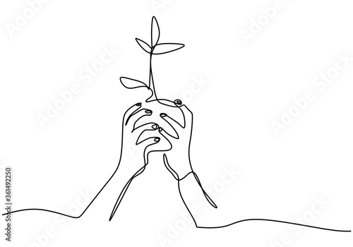 Hand holding plant's pot. Continuous one line drawing of back to nature theme. Growing plant in hand palm. Concept of growing and love earth hand drawn vector design illustration.