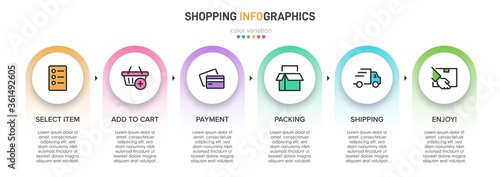 Concept of shopping process with 6 successive steps. Six colorful graphic elements. Timeline design for brochure, presentation, web site. Infographic design layout.