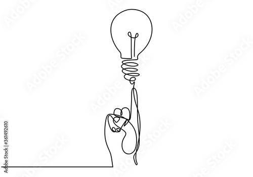 Continuous one line drawing of hand pointing a bulb lamp. Think big, point to idea concept minimal design isolated on white background. Vector illustration minimalism concept of idea and creativity