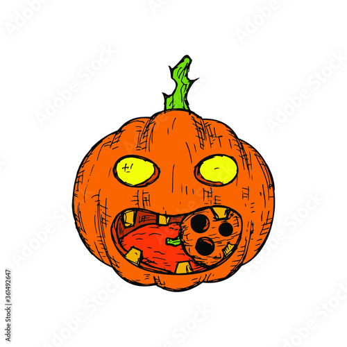 Halloween pumpkin devours a small pumpkin. Jack'O'Lantern. Isolated object on a white. Vector cartoon illustration. Hand-drawn.