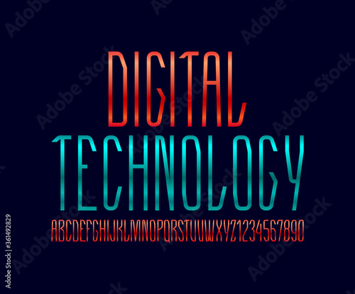 High colored font, condensed tall modern alphabet, trendy uppercase Latin letters from A to Z and Arab numbers from 0 to 9 for you designs, vector illustration 10EPS