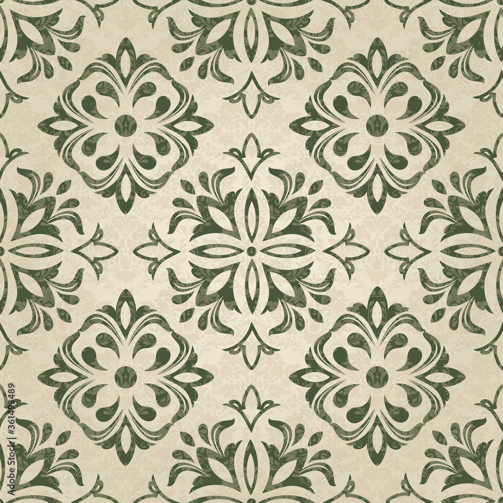 Seamless Damask pattern. Majolica pottery tile azulejo, original traditional Portuguese and Spain decor. Seamless pattern with Victorian motives. Vector illustration. Seamless Damask pattern. Majolica pottery tile azulejo, original traditional Portuguese and Spain decor. Seamless pattern with Victorian motives. Vector illustration.