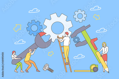Education, training, repair, teamwork, business concept. Young team men women boys girls students workers learning repairing machines at school university college and vocational study illustration.