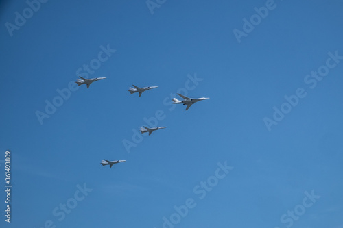 Russian military planes fly in the sky