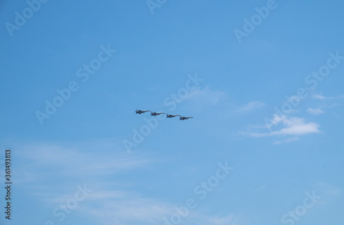 Russian military planes fly in the sky