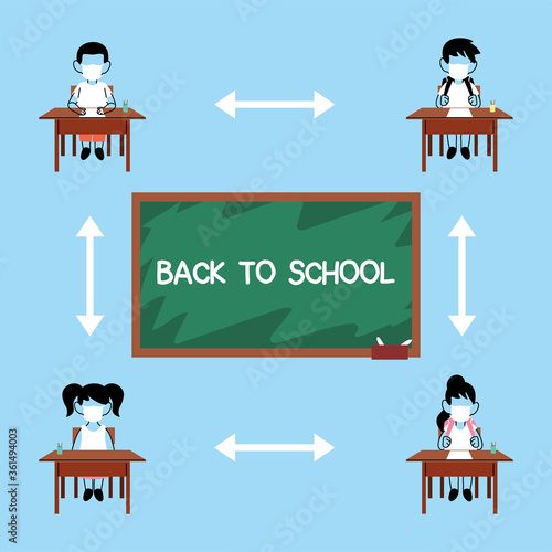 school kids keeping distance, students wearing a face mask sitting on chair in the classroom, social distancing