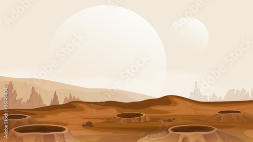 Alien planet landscape with craters and white moons in the sky.