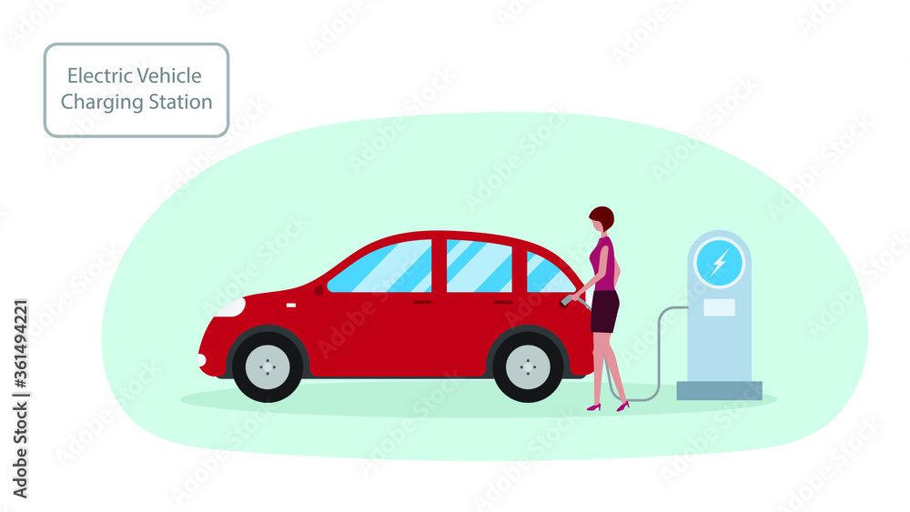 People are standing and electric cars are charging at the station. Clean electric vehicles, environmentally friendly energy. Isolated on white background. Flat vector illustration. People are standing and electric cars are charging at the station. Clean electric vehicles, environmentally friendly energy. Isolated on white background. Flat vector illustration.