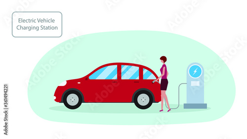 People are standing and electric cars are charging at the station. Clean electric vehicles, environmentally friendly energy. Isolated on white background. Flat vector illustration. © cofficevit