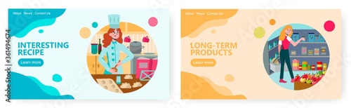 Conserve food storage room. Woman chef cooking pastry products in the kitchen. Concept illustration. Vector web site design template. Landing page website illustration