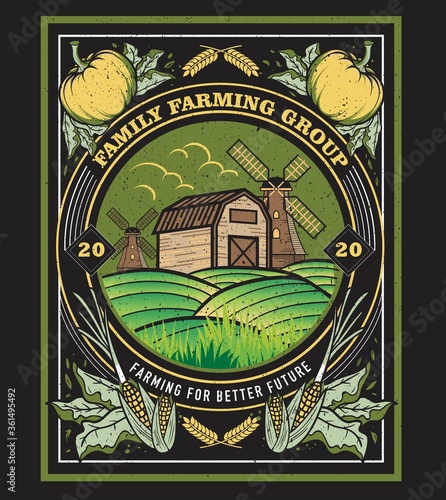 Family farming group vintage illustration