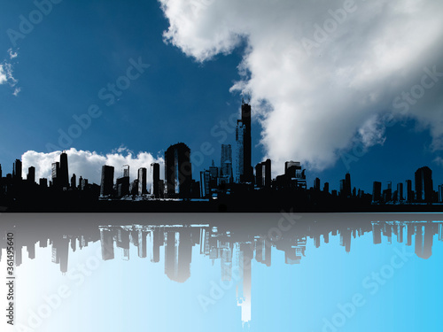 Silhouetted generic city skyline with foreground reflection and blue cloudy sky above