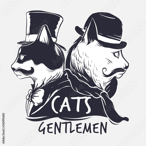 Duo gentlemen cat using hat and suits