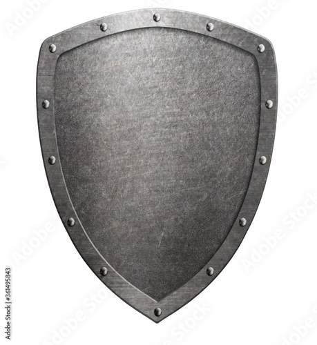 Old metal medieval shield isolated on white. Safety symbol. 3D illustration