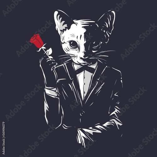 Mafia Cat Character using cool suits and hold on a rose flower