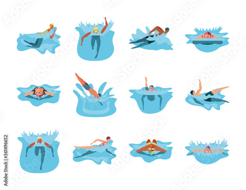 set of icons with people in swimming