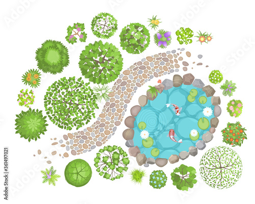 Vector illustration. Landscape design. Top view. Pond, path, trees and flowers. View from above.