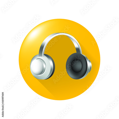 Cute Headphones Icon on Yellow Button on White Background . Isolated Vector Illustration 