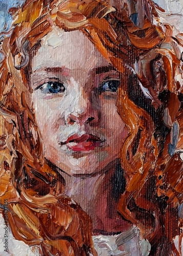 Oil painting portrait. Young red-haired charming lady. 