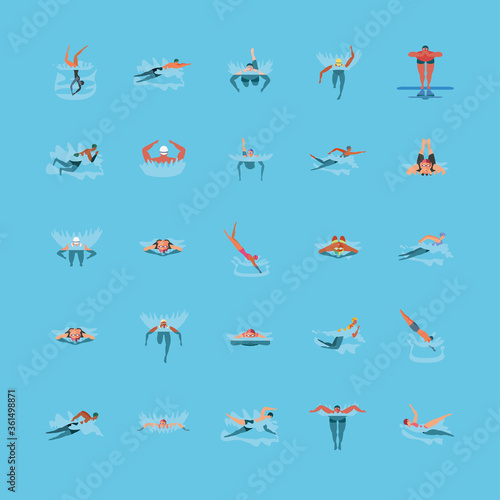 set of icons with people in swimming