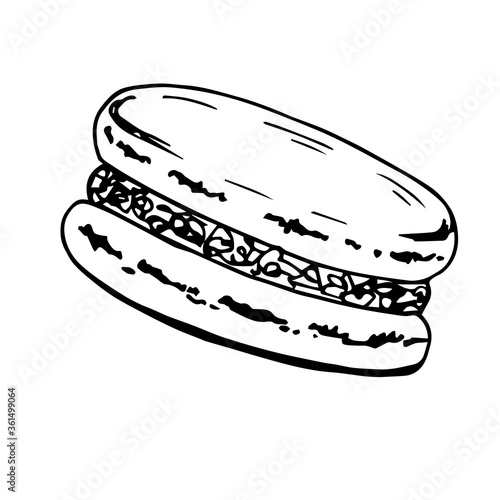 Hand-drawn simple vector doodle drawing, black outline on a white background. Baking, bun, macaroon. Cafe, snack. for prints, menu, recipe, flour products, ingredient.
