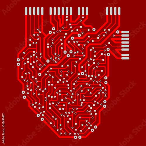 The human heart in the form of an electronic circuit. The decorative pattern is stylized as a green electric circuit Board.
