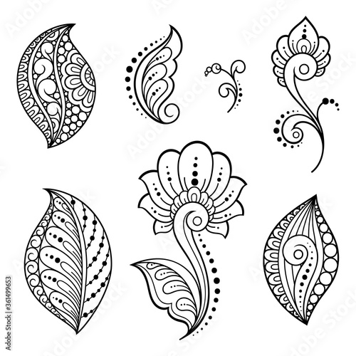 Set of Mehndi flower pattern for Henna drawing and tattoo. Decoration in ethnic oriental, Indian style. Doodle ornament. Outline hand draw vector illustration.