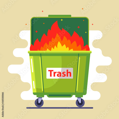 the trash can is burning. violation of the rules. harm to nature and people. bad ecology. flat vector illustration