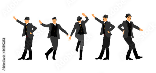 Csardas dancer vector illustration. Folklore of Hungary. Bavarian man on October fest. Polka dance performer.  East Europe traditional festival attraction. Man dancing wedding dance. Balkan culture.