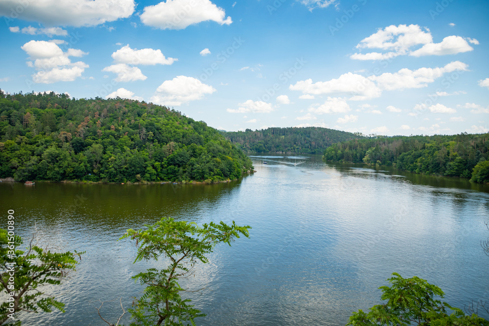 Aerial view of confluence of two rivers Vltava and Otava next to medieval castle Zvikov, Czech republic
