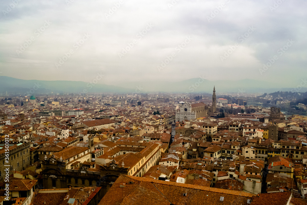 Florence, Italy. A birds eye view of the city landscape toward the church of Santa Croce shot from the Arnolfo's tower in the Palazzo Vecchio