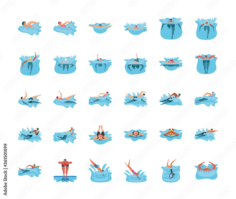 Fototapeta premium set of icons with people in swimming