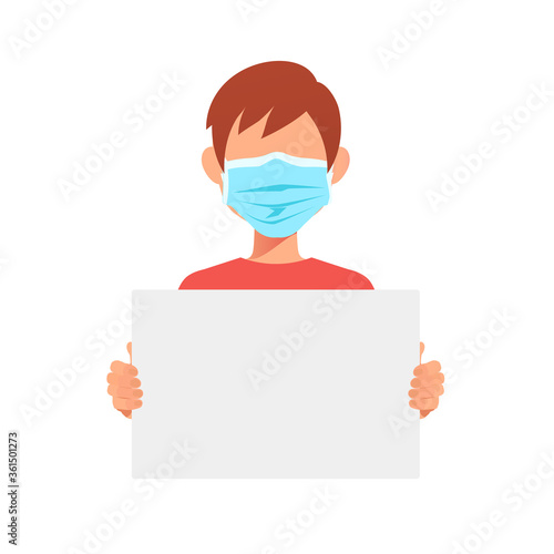 Doctor man in medical mask holding a blank protest poster. Vector illustration isolated on white background.