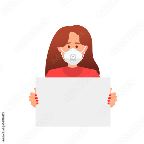 Woman in protective medical mask holding a protest poster on a white background. Rights and freedom concept, strike