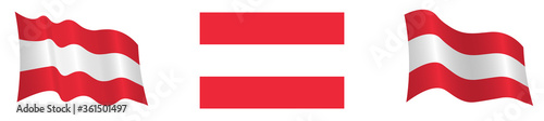 Flag of Austrian Republic in a static position and in motion, developing in the wind, on a white background. Accurate approved flag colors
