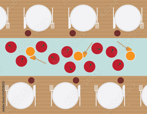 Top View of Rosh Hashanah Jewish New Year Holiday Meal with Apples and Honey