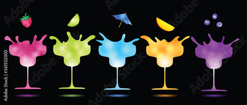 colorful cocktails in margarita glasses splashing on black background