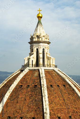 Florence, Tuscany, Italy. Detail of the lantern, the very top of the dome of Santa Maria del Fiore church seen from the top of its bell tower
