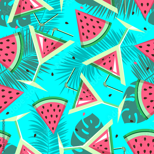 Seamless pattern with watermelon slices, cocktails and tropic leaves. Vector illustration. Watermelon summer background