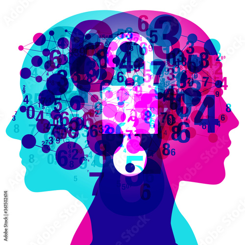 A Male and Female side silhouette profile overlaid with various blending semi-transparent jigsaw shapes. Overlaid within the centre is a semi glowing Key and Open padlock.