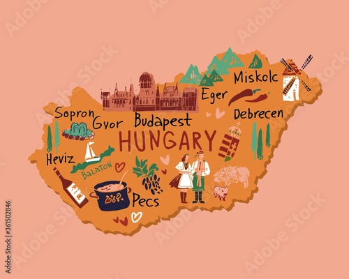 Decorative tourist map of Hungary with cities, sights, architecture. Symbols of a European country for travel guides, Souvenirs, and travel websites. Print on fabric, promo. Flat Vector illustration.