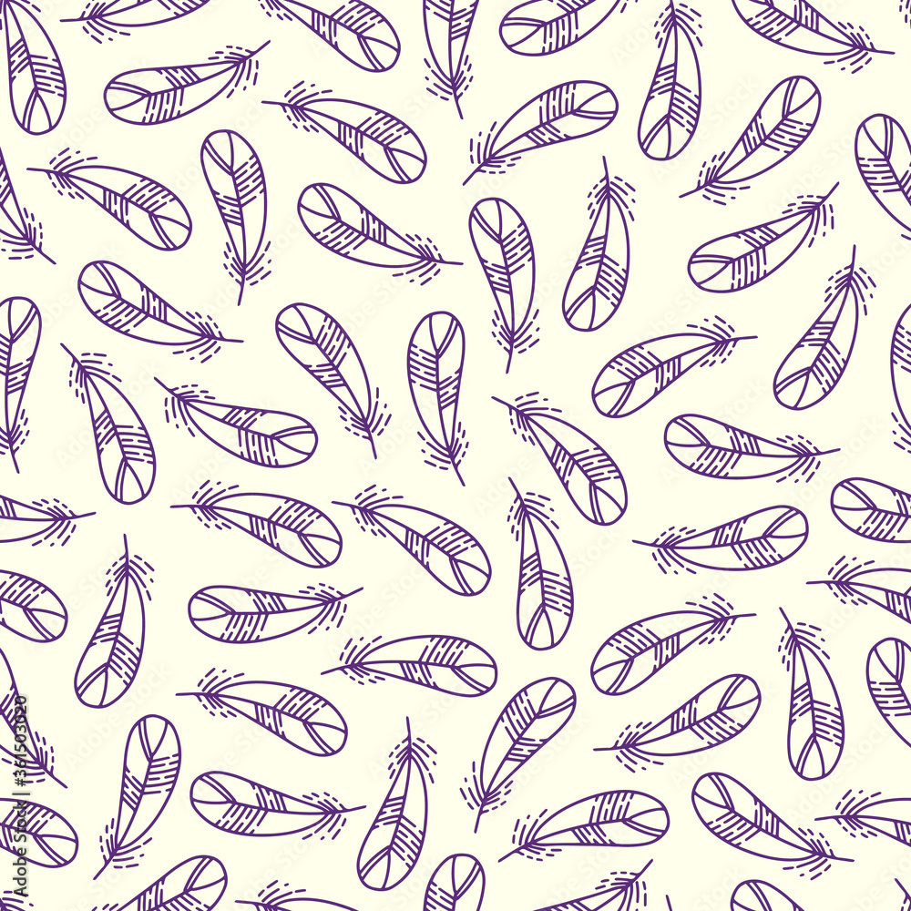 Vector seamless pattern with purple feathers. Cute print. violet feathers on a light background. Suitable for clothing, textiles, web, wrapping paper.